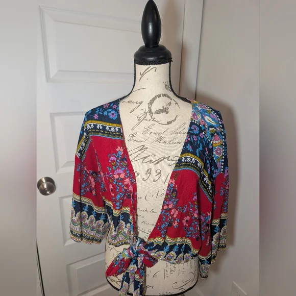 Patrons of Peace Red and Blue Floral Bohemian Wrap Size S - Picture 1 of 8